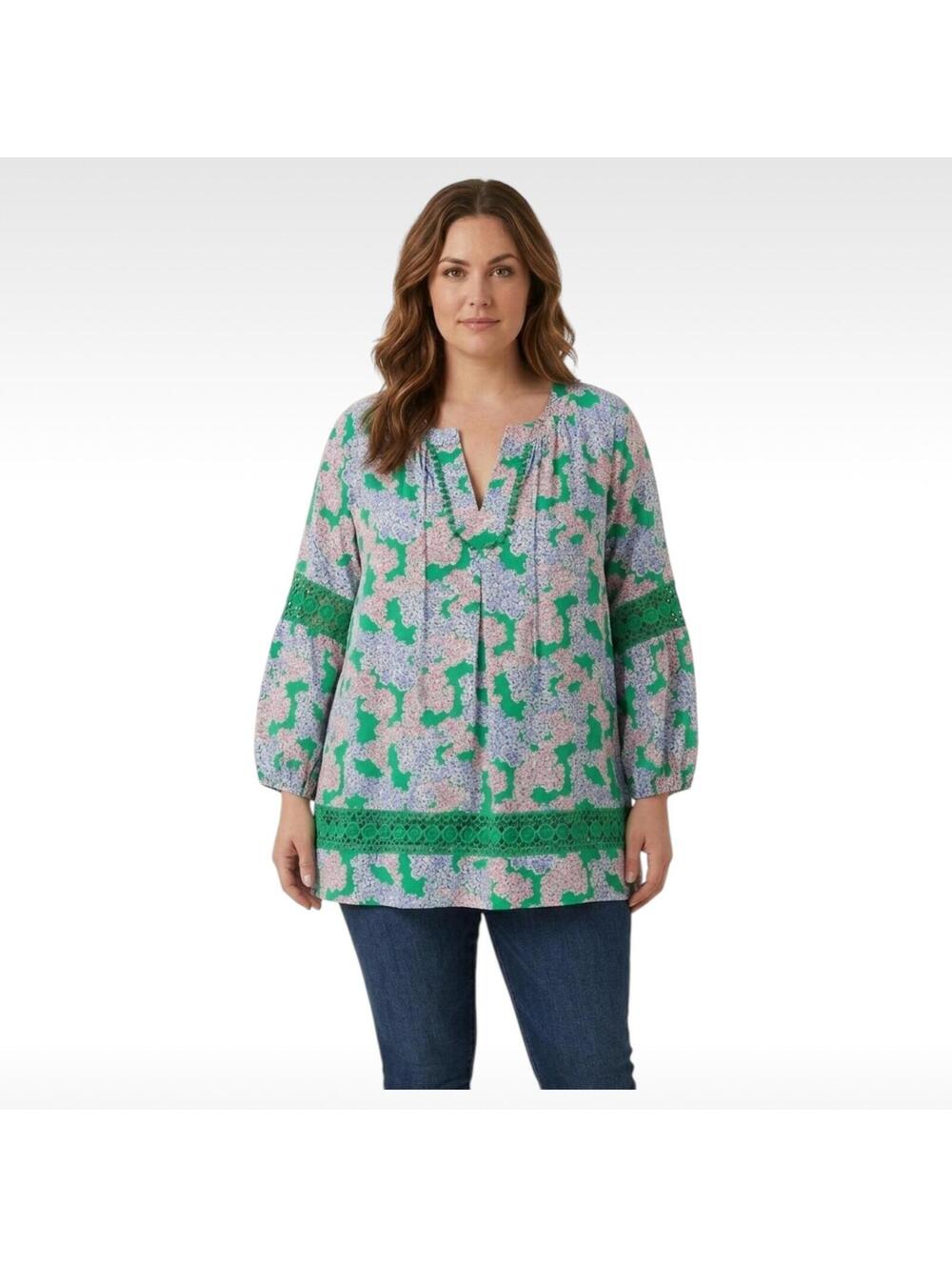 Crown & Ivy Green Floral Tunic Top Large EUC Pom-Pom Crochet Boho